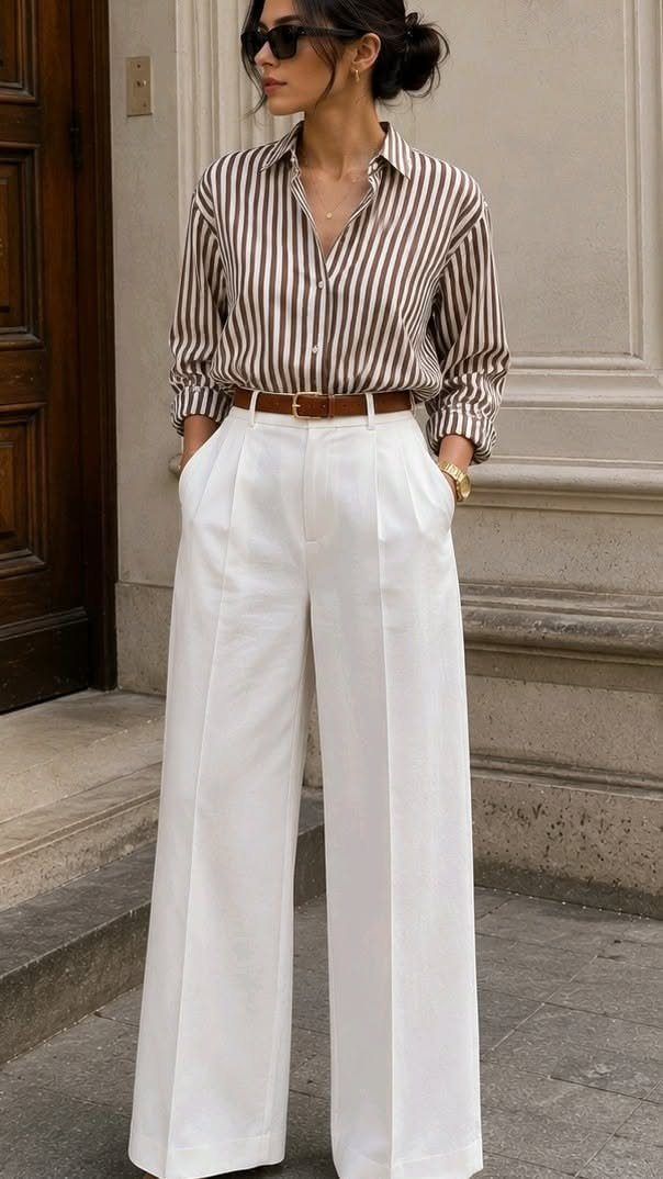 Boss Lady Outfit Ideas: 17 Looks for 2026 15 Woman wearing white wide-leg trousers and a striped button-down shirt standing outdoors.