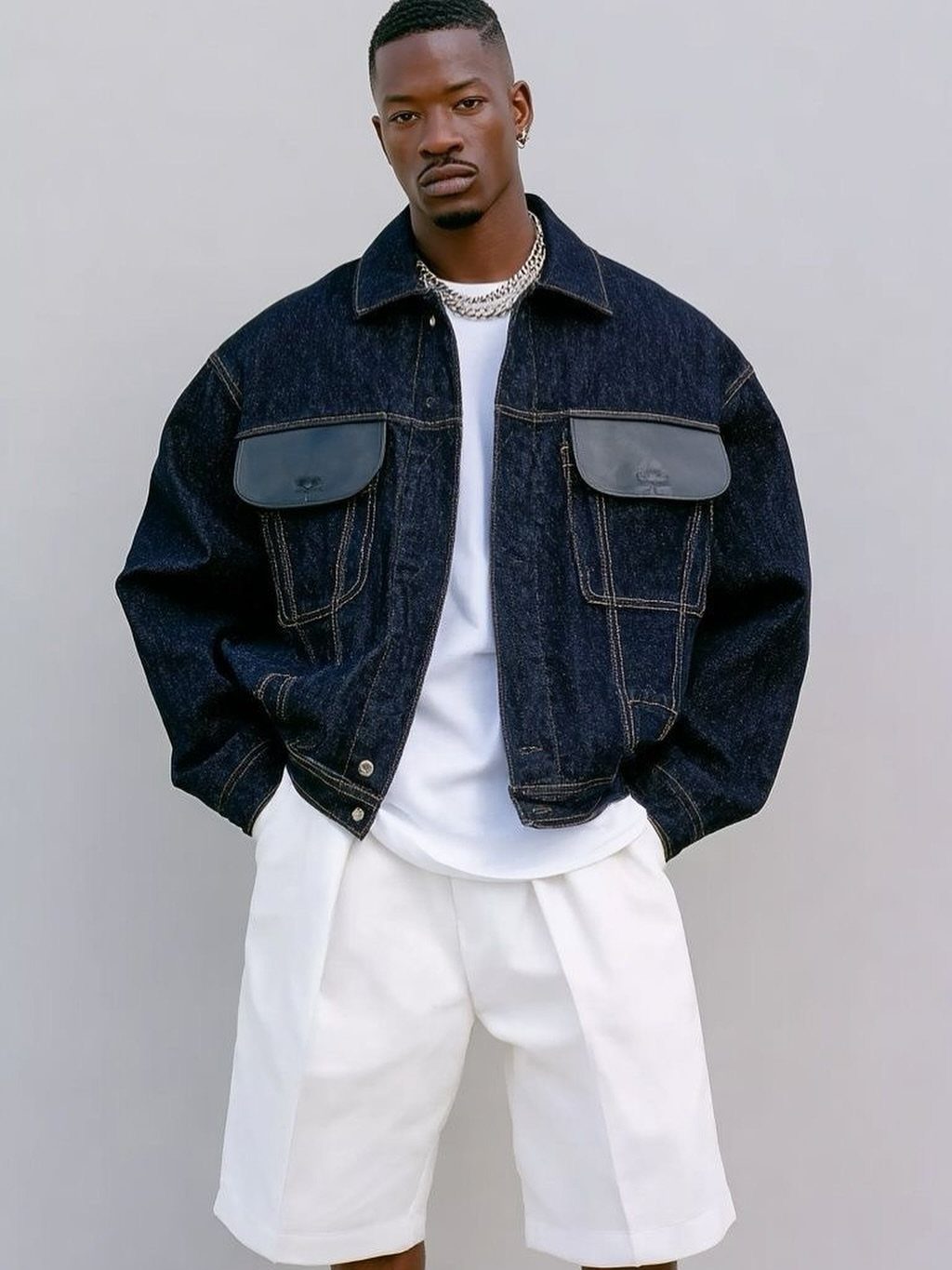 Man wearing an oversized dark denim jacket, white t-shirt, and white tailored shorts.