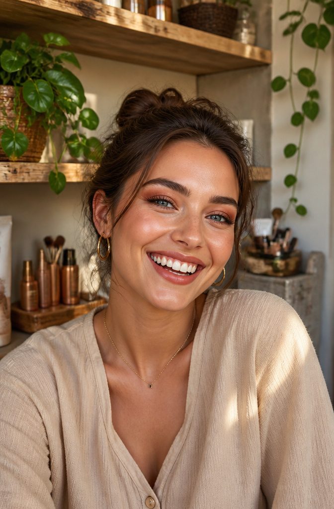 Model with terracotta eyeshadow in a cozy, earthy space.