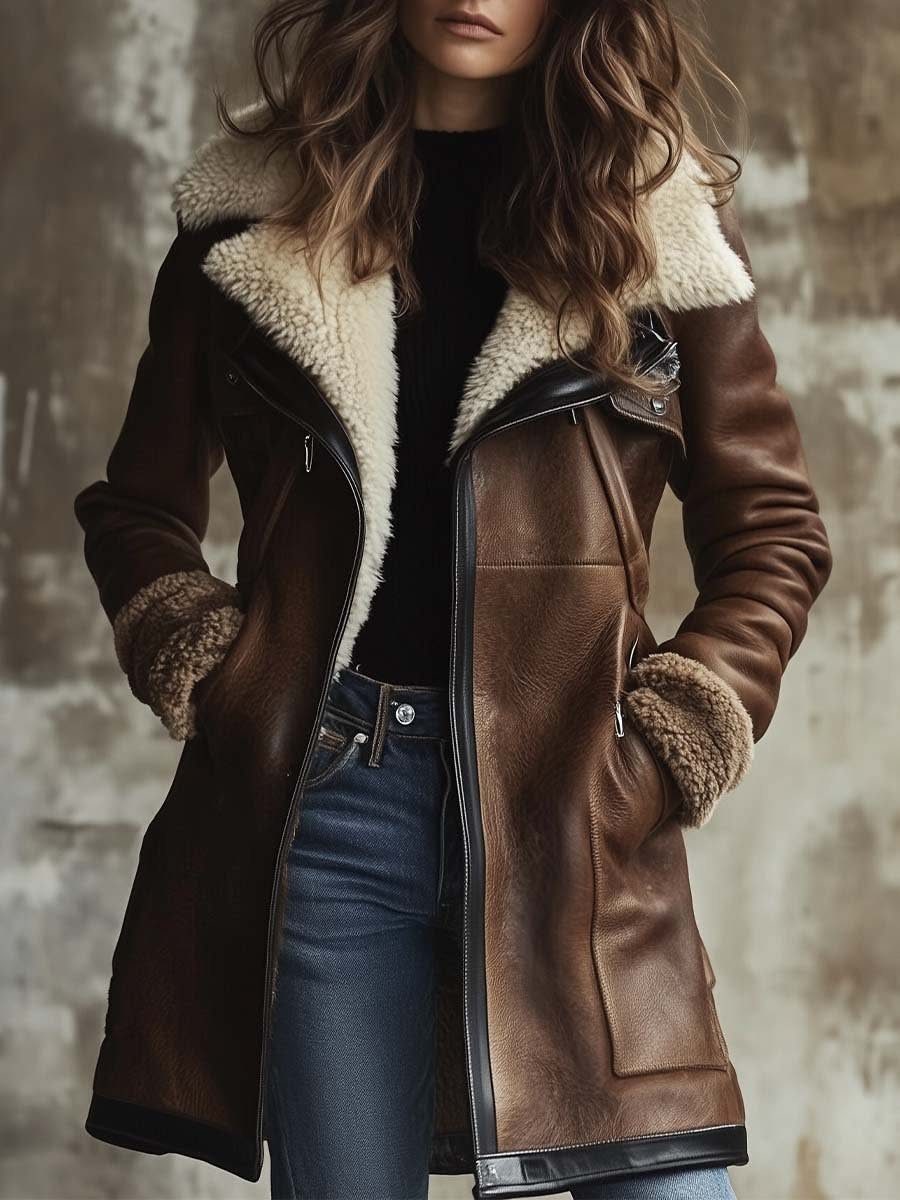 Woman wearing a long brown leather coat with thick white shearling lining and blue jeans.